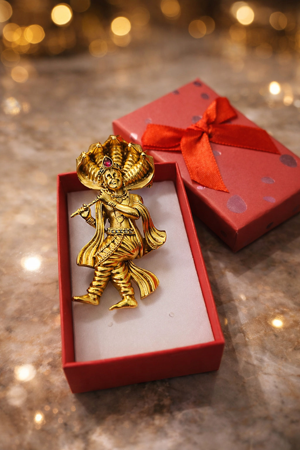 Gold Plated Lord Krishna Brooch | Flute Playing Krishna with Sheshnaag Design | Spiritual Ethnic Pin for Festive & Traditional Wear