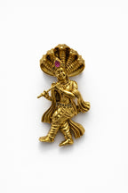 Gold Plated Lord Krishna Brooch | Flute Playing Krishna with Sheshnaag Design | Spiritual Ethnic Pin for Festive & Traditional Wear