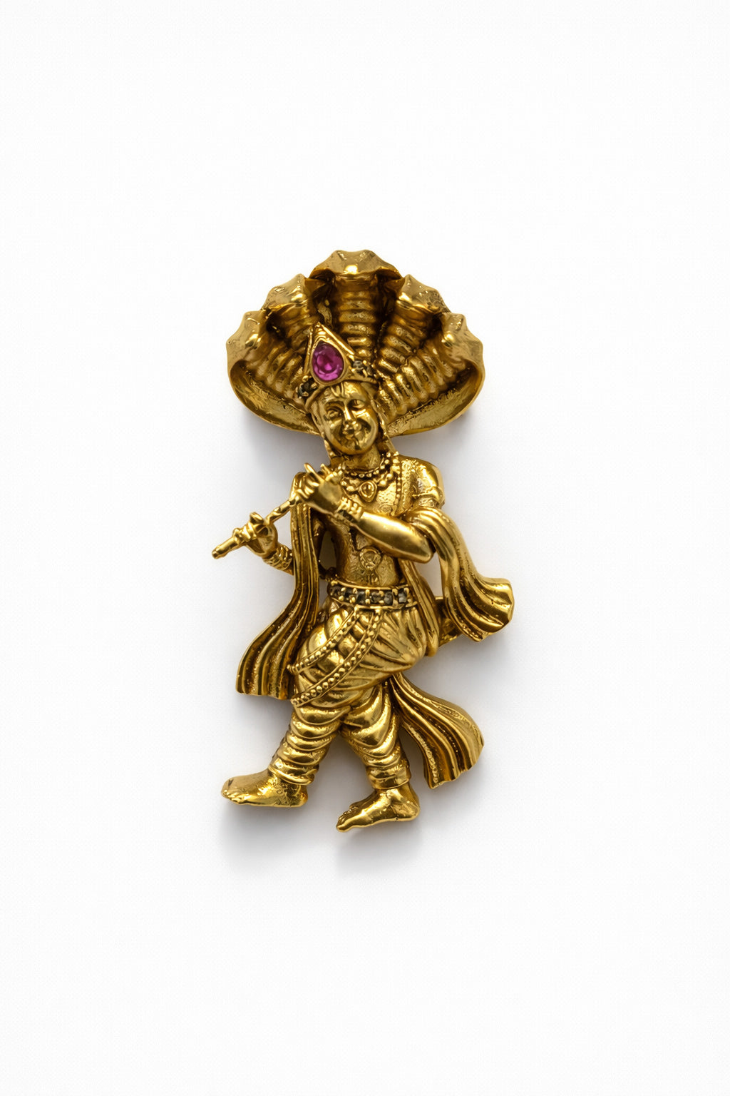 Gold Plated Lord Krishna Brooch | Flute Playing Krishna with Sheshnaag Design | Spiritual Ethnic Pin for Festive & Traditional Wear