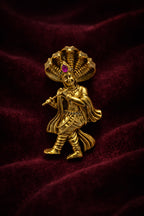 Gold Plated Lord Krishna Brooch | Flute Playing Krishna with Sheshnaag Design | Spiritual Ethnic Pin for Festive & Traditional Wear