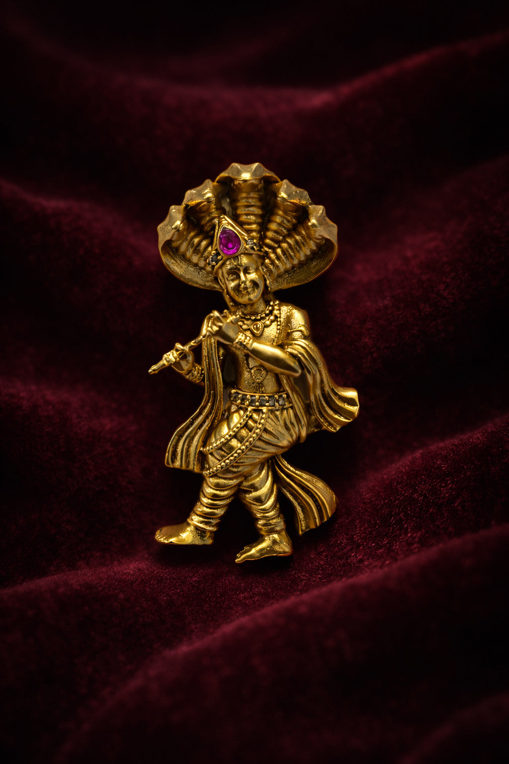 Gold Plated Lord Krishna Brooch | Flute Playing Krishna with Sheshnaag Design | Spiritual Ethnic Pin for Festive & Traditional Wear