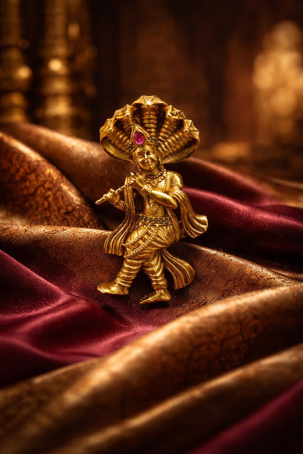 Gold Plated Lord Krishna Brooch | Flute Playing Krishna with Sheshnaag Design | Spiritual Ethnic Pin for Festive & Traditional Wear