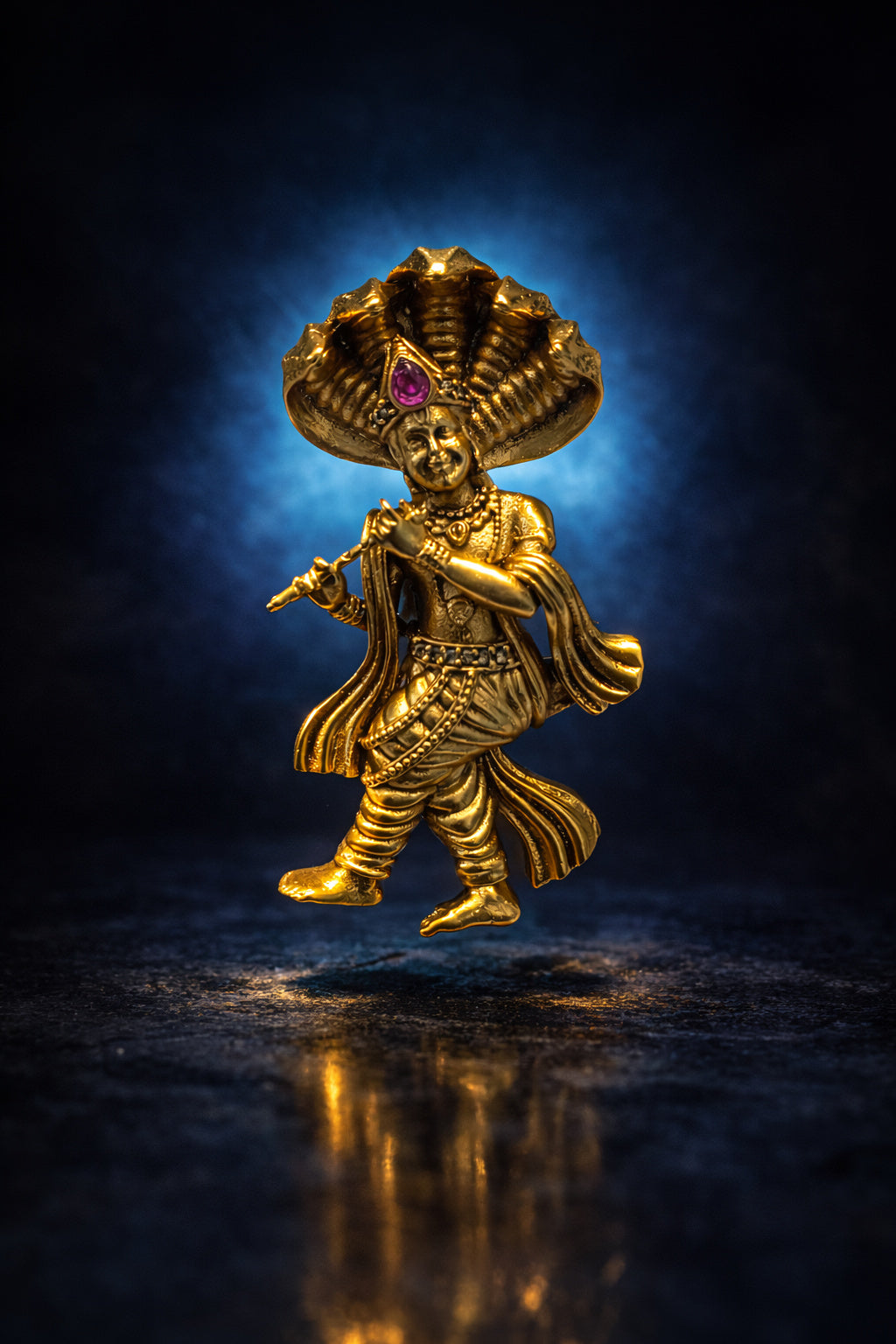 Gold Plated Lord Krishna Brooch | Flute Playing Krishna with Sheshnaag Design | Spiritual Ethnic Pin for Festive & Traditional Wear