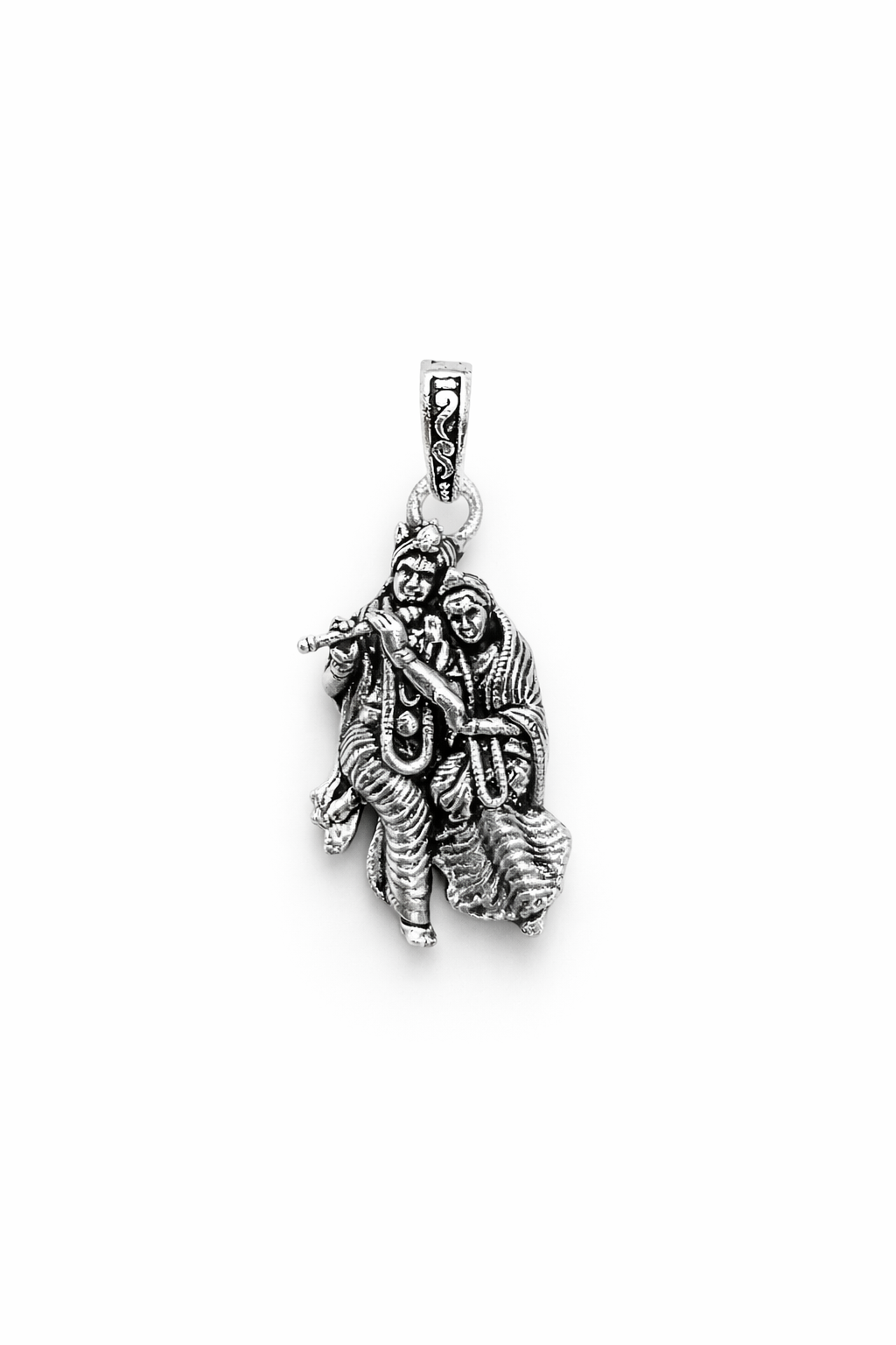 Oxidized Silver Pendant Featuring Lord Krishna & Radha Playing Flute – Traditional Ethnic Jewellery