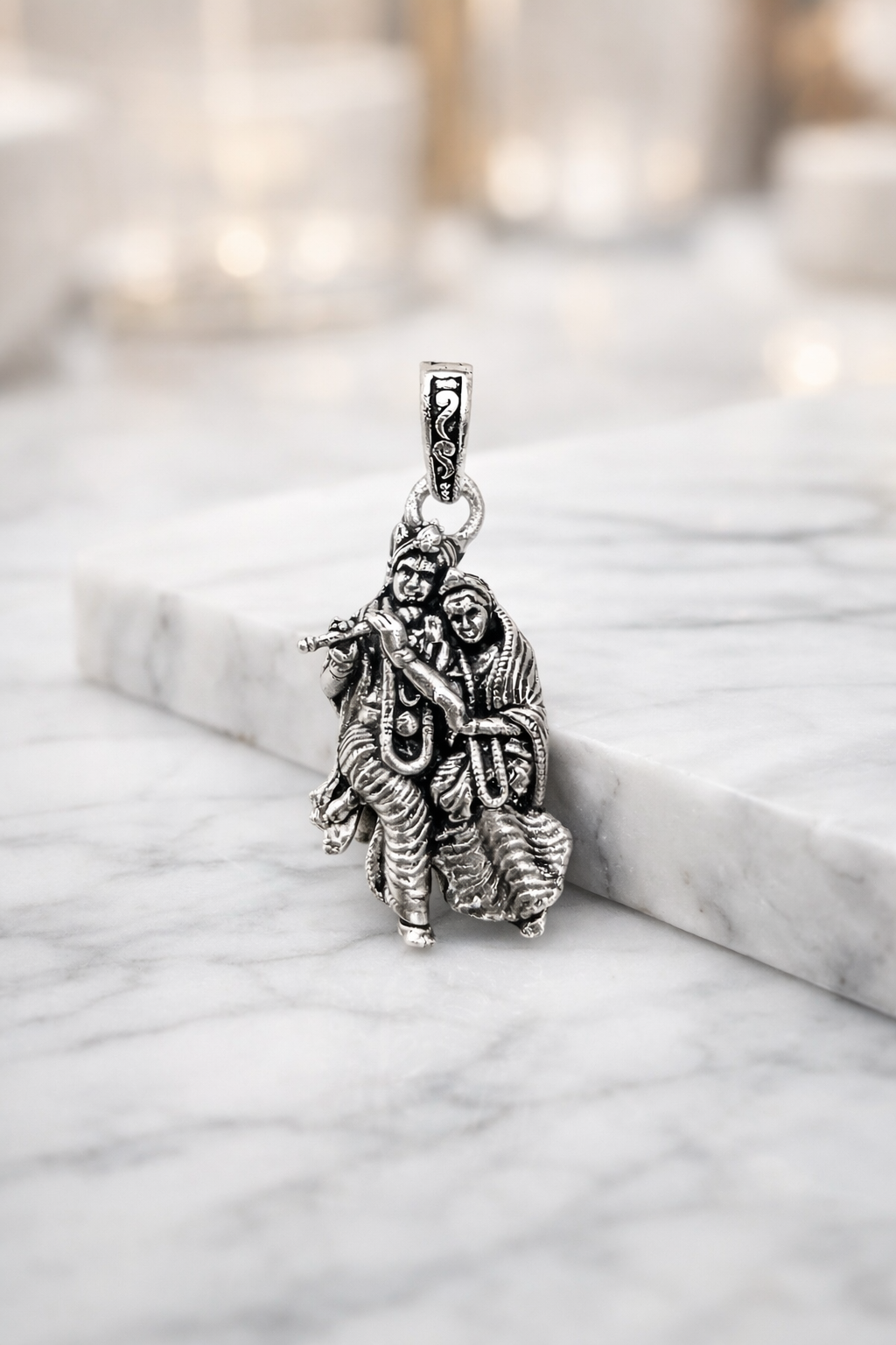 Oxidized Silver Pendant Featuring Lord Krishna & Radha Playing Flute – Traditional Ethnic Jewellery