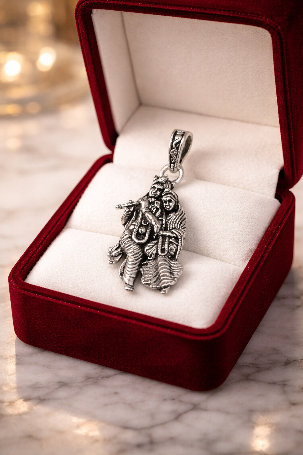 Oxidized Silver Pendant Featuring Lord Krishna & Radha Playing Flute – Traditional Ethnic Jewellery