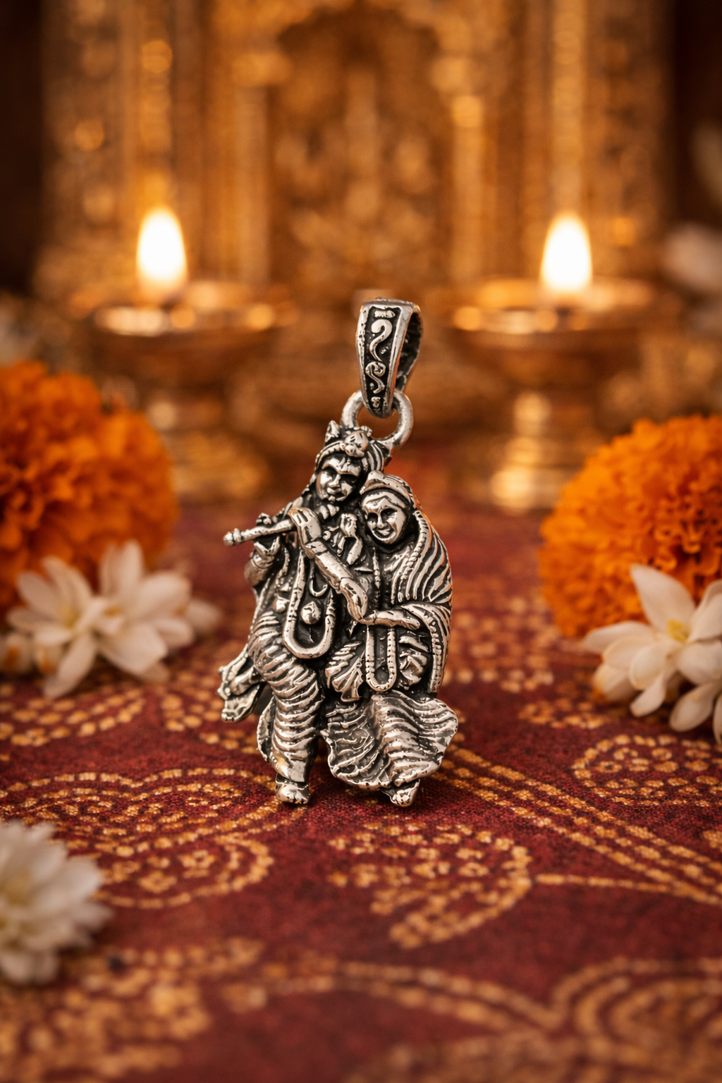 Oxidized Silver Pendant Featuring Lord Krishna & Radha Playing Flute – Traditional Ethnic Jewellery