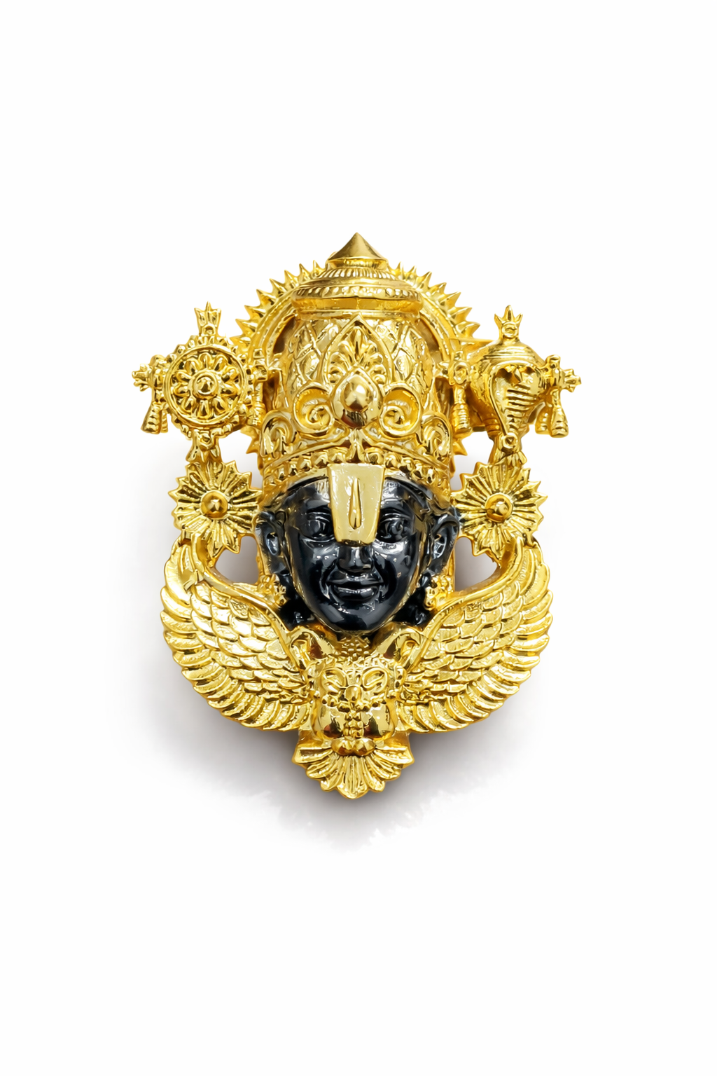Tirupati Balaji Gold Plated Brass Brooch with Black Rhodium Face | Lord Venkateswara Spiritual Brooch Pin | Traditional Temple Jewellery for Men & Women