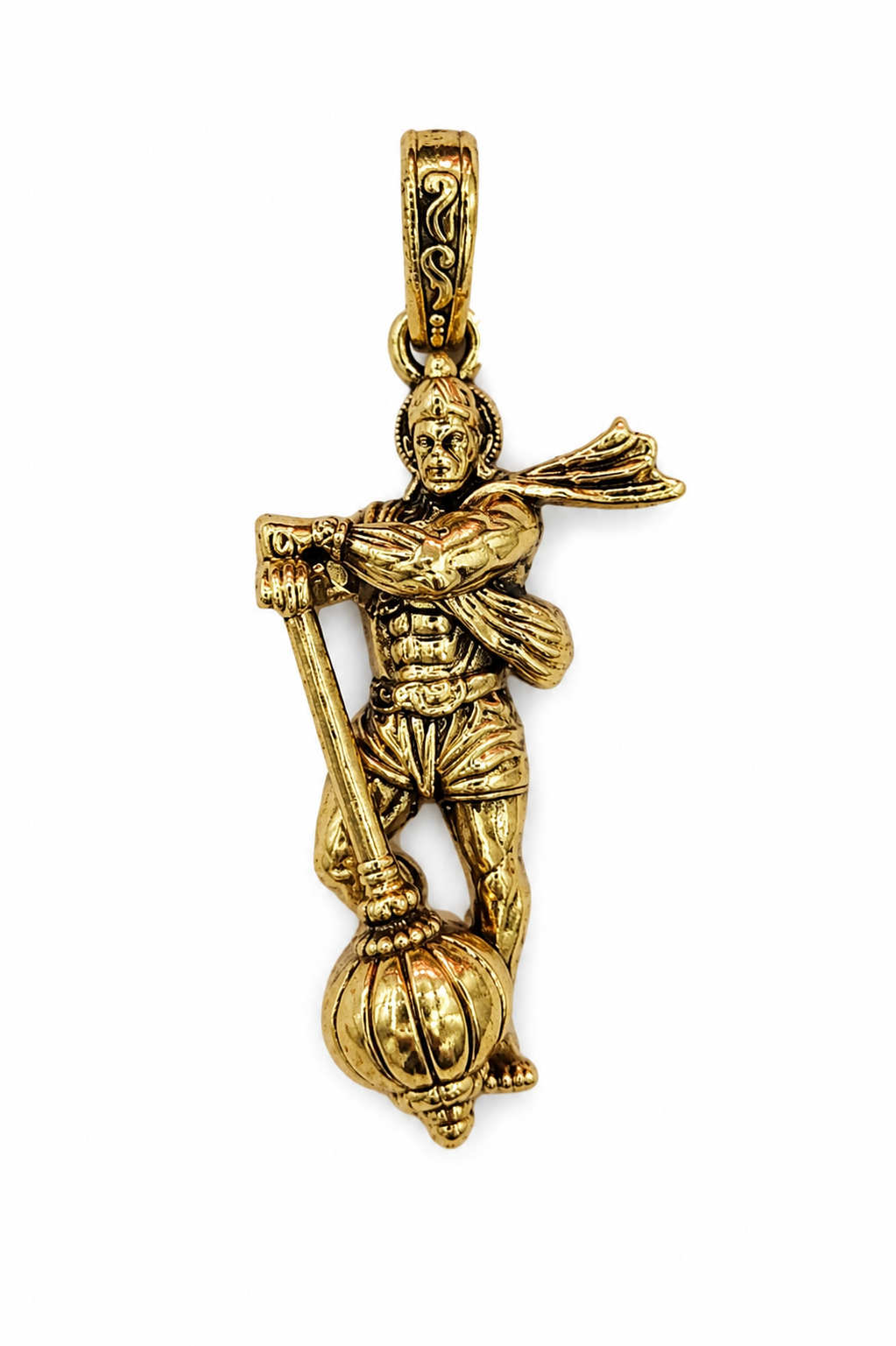 Antique Gold Plated Lord Hanuman Pendant with Traditional Gada Design