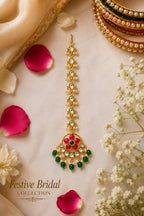 Gold Plated Kundan Stone Bridal Maang Tikka for Women | Traditional Rani Pink & Green Kundan Matha Patti Style Maang Tikka with Pearl Drops