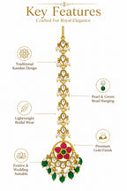 Gold Plated Kundan Stone Bridal Maang Tikka for Women | Traditional Rani Pink & Green Kundan Matha Patti Style Maang Tikka with Pearl Drops