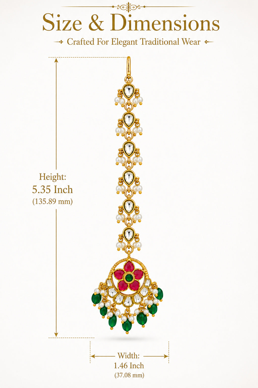 Gold Plated Kundan Stone Bridal Maang Tikka for Women | Traditional Rani Pink & Green Kundan Matha Patti Style Maang Tikka with Pearl Drops