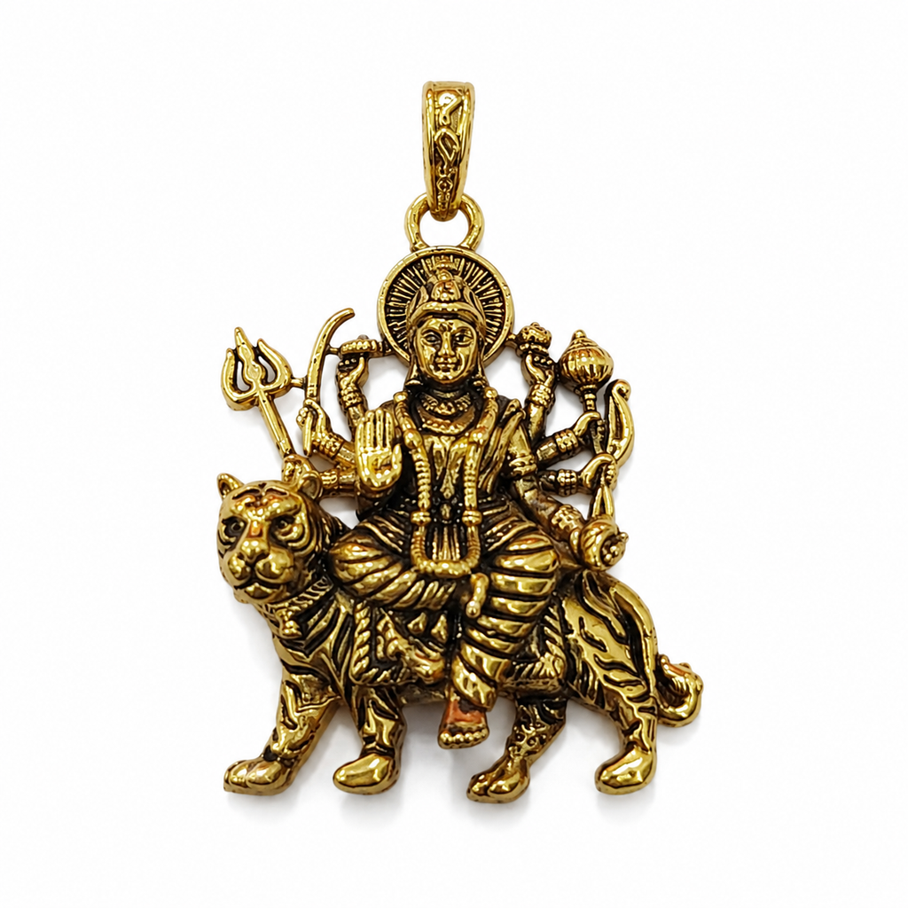 Durga Maa Sherawali Antique Gold Finish Religious Pendant for Men & Women