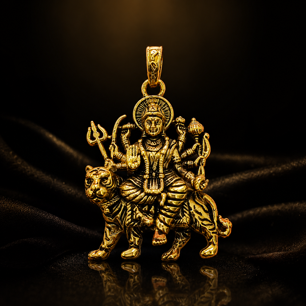 Durga Maa Sherawali Antique Gold Finish Religious Pendant for Men & Women