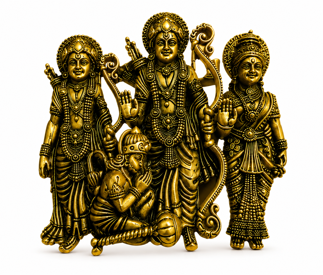 Divine Shri Ram Darbar Antique Gold Finish Religious Brooch with Lord Ram Sita Lakshman and Hanuman Ji Design