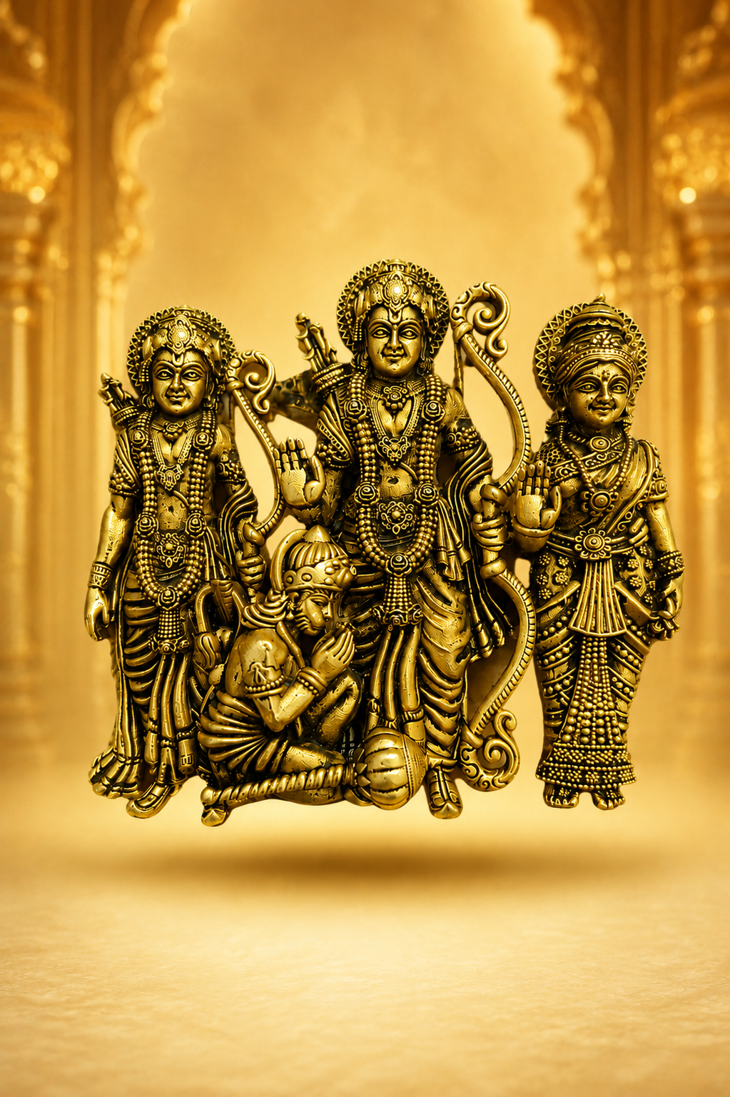 Divine Shri Ram Darbar Antique Gold Finish Religious Brooch with Lord Ram Sita Lakshman and Hanuman Ji Design