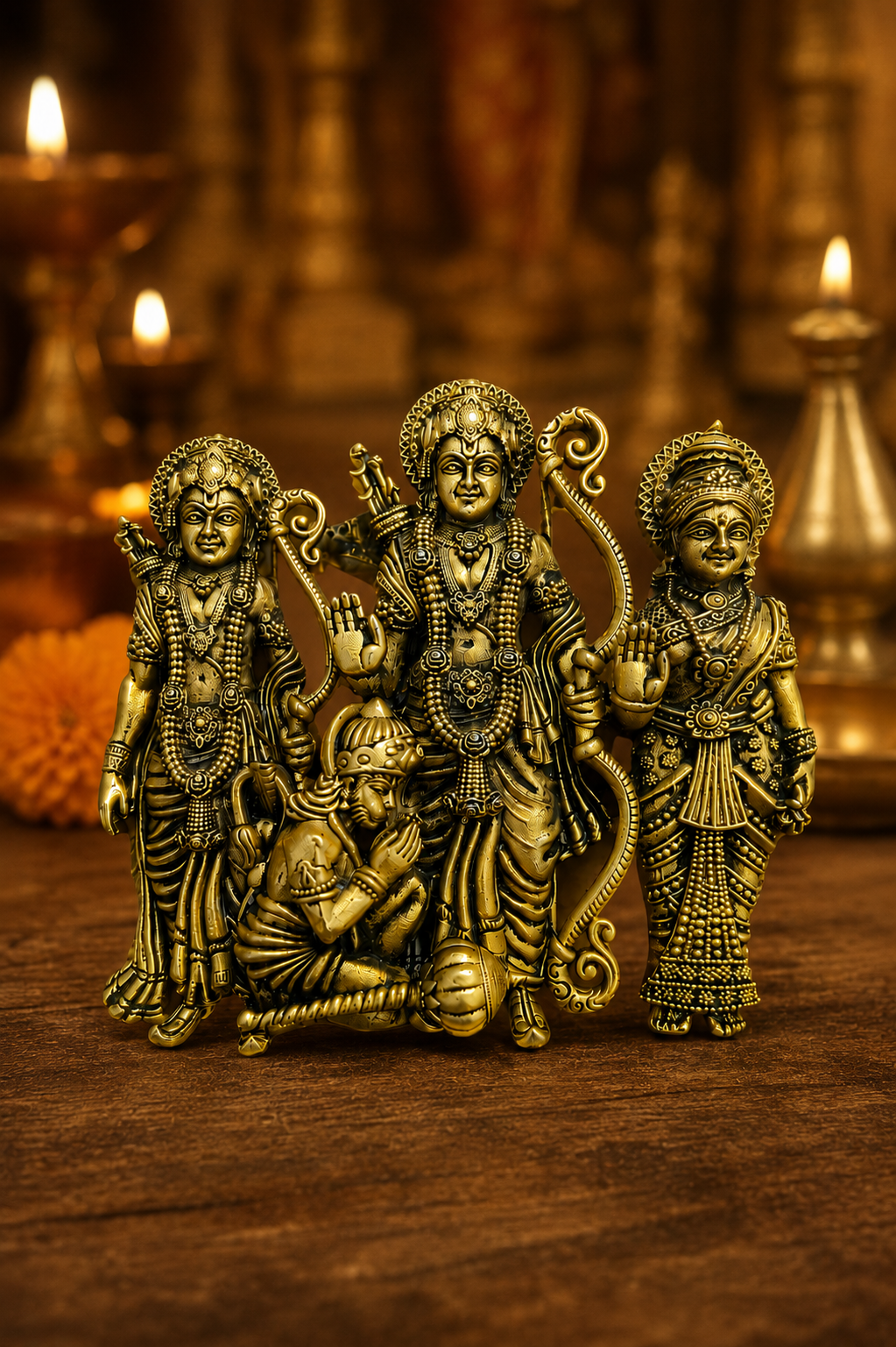 Divine Shri Ram Darbar Antique Gold Finish Religious Brooch with Lord Ram Sita Lakshman and Hanuman Ji Design