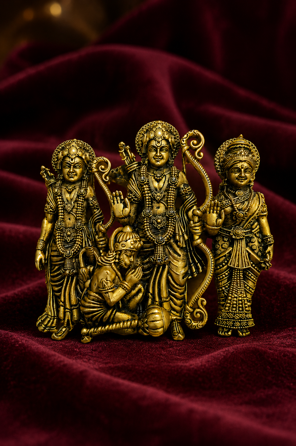 Divine Shri Ram Darbar Antique Gold Finish Religious Brooch with Lord Ram Sita Lakshman and Hanuman Ji Design