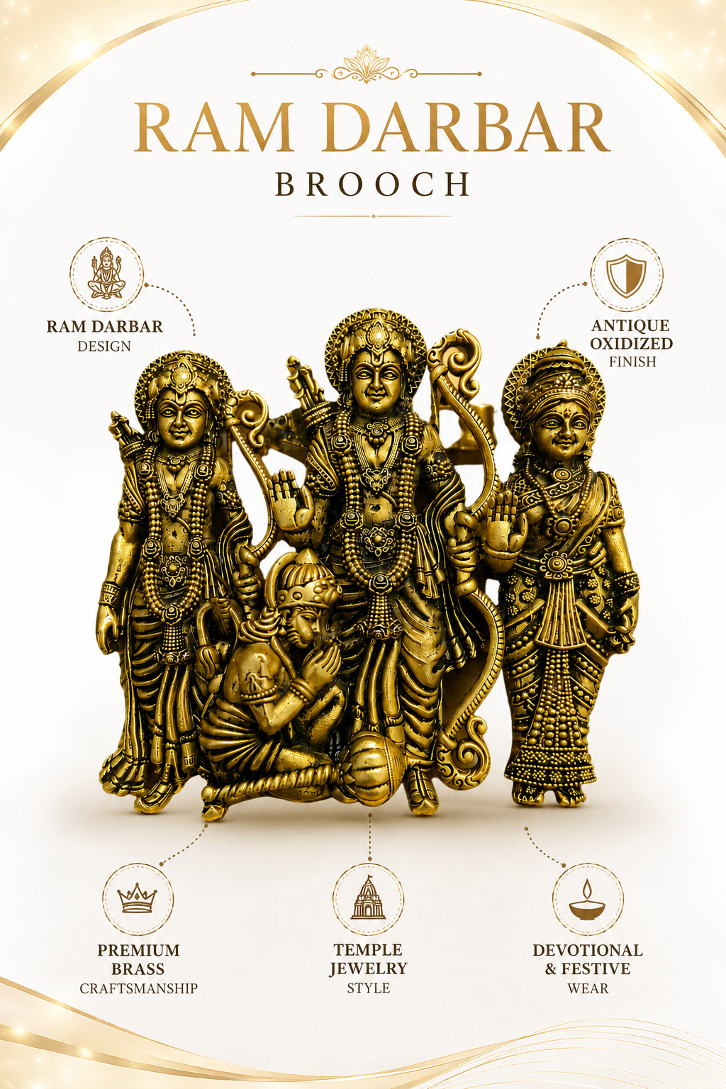 Divine Shri Ram Darbar Antique Gold Finish Religious Brooch with Lord Ram Sita Lakshman and Hanuman Ji Design