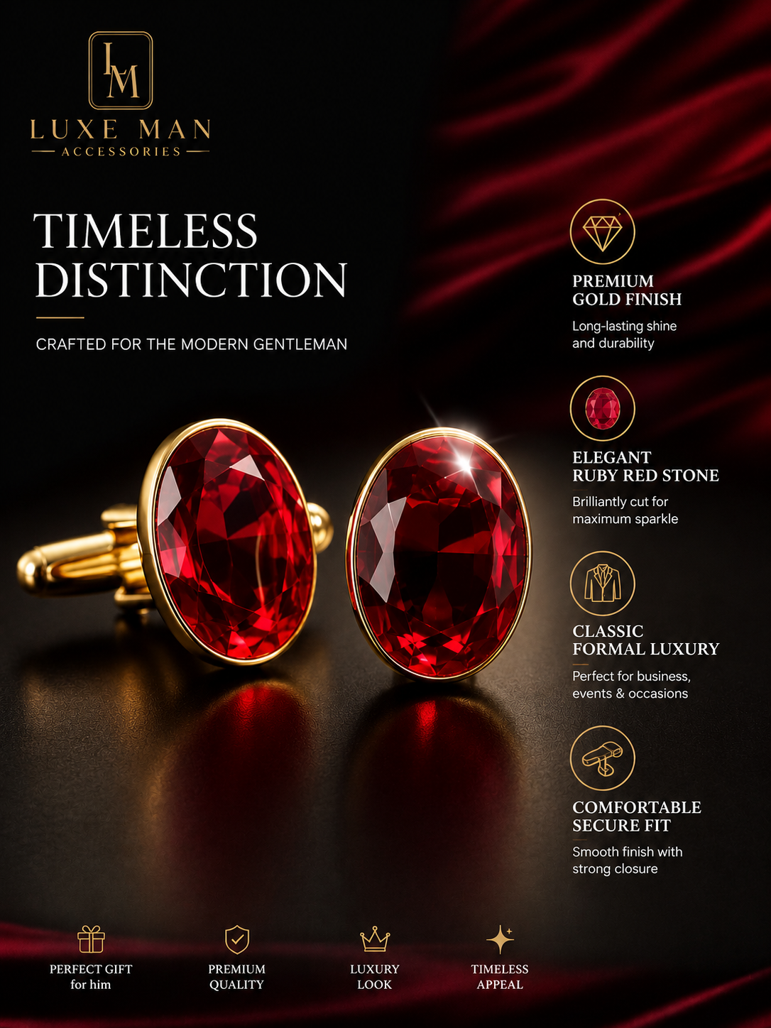 Luxe Man Ruby Red Oval Stone Cufflinks for Men | Luxury Formal Shirt Cuff Accessories