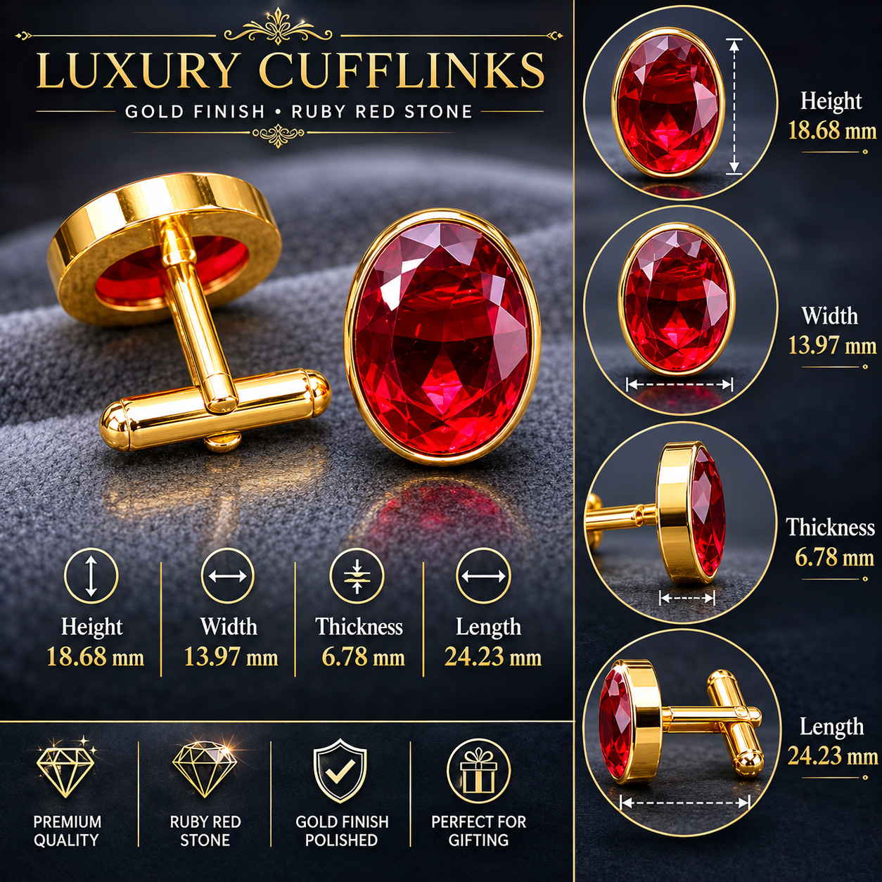 Luxe Man Ruby Red Oval Stone Cufflinks for Men | Luxury Formal Shirt Cuff Accessories
