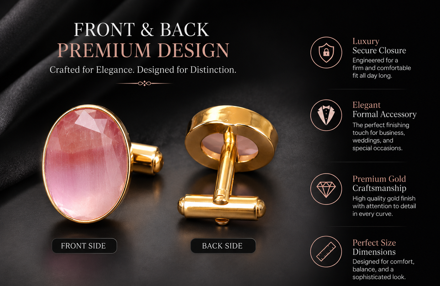 Royal Pink Crystal Formal Shirt Cufflinks for Men