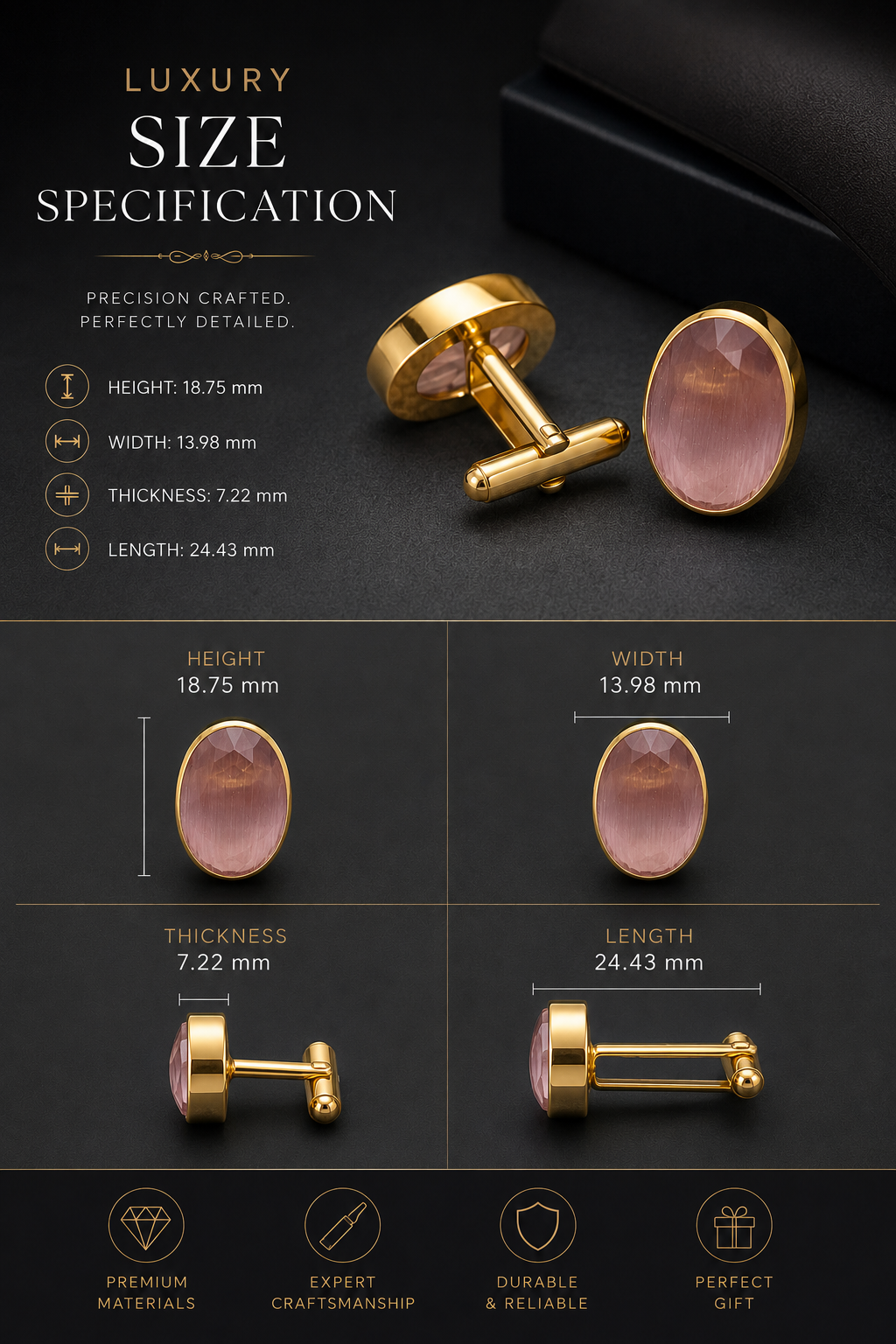Royal Pink Crystal Formal Shirt Cufflinks for Men