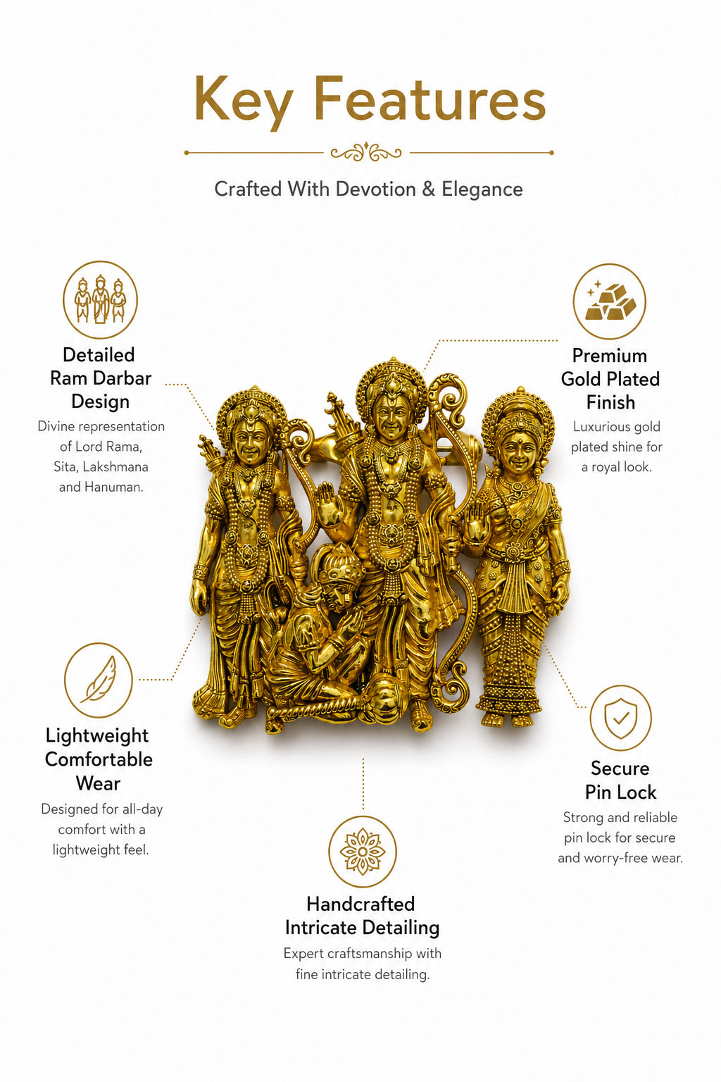 Shree Ram Darbar Gold Finish Brooch Pin | Intricate Religious Designer Brooch for Men & Women