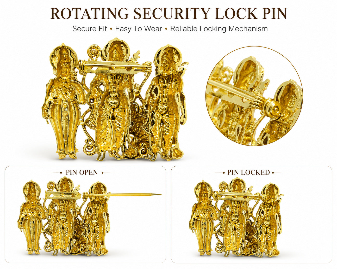 Shree Ram Darbar Gold Finish Brooch Pin | Intricate Religious Designer Brooch for Men & Women