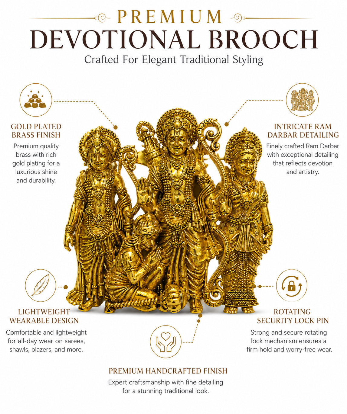 Shree Ram Darbar Gold Finish Brooch Pin | Intricate Religious Designer Brooch for Men & Women