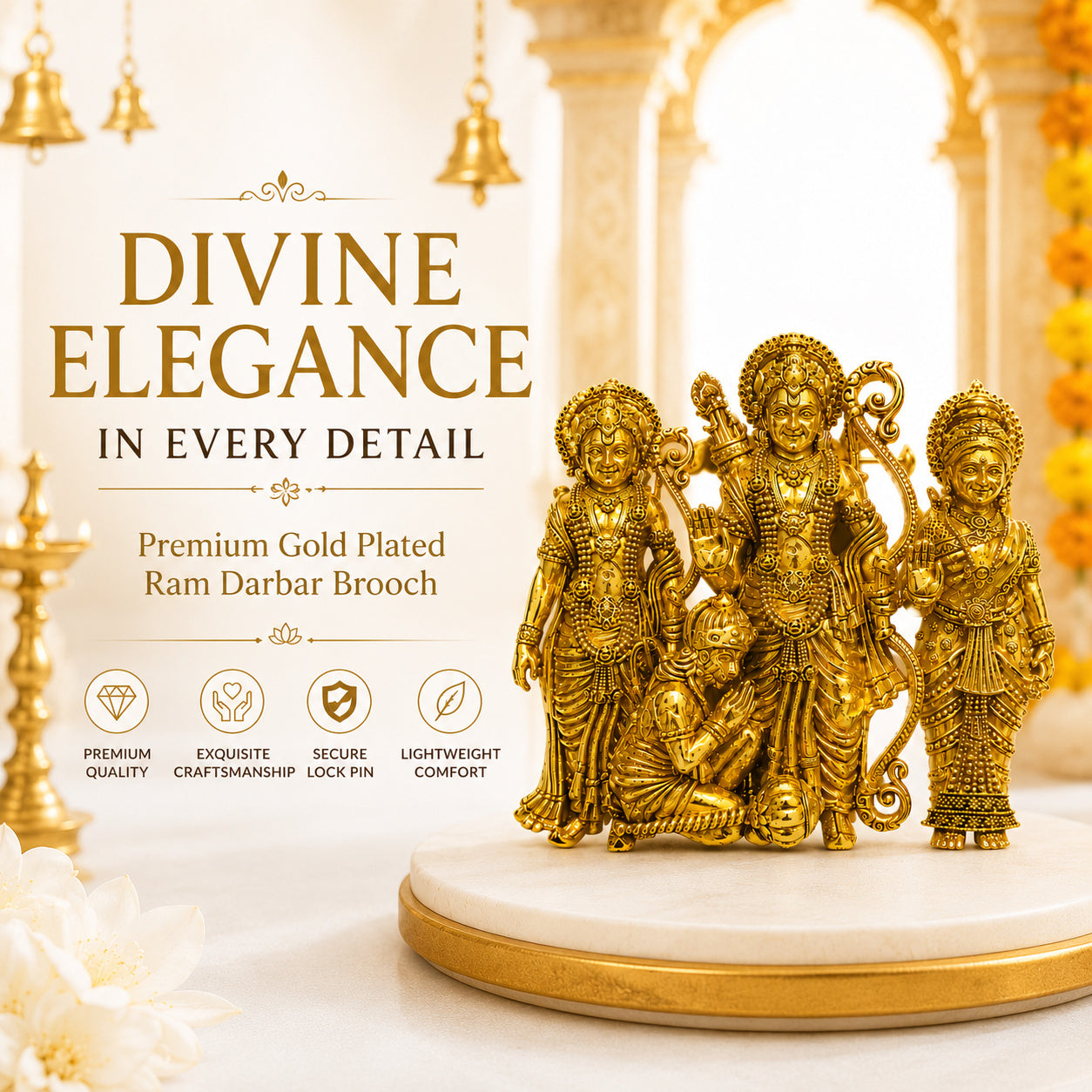 Shree Ram Darbar Gold Finish Brooch Pin | Intricate Religious Designer Brooch for Men & Women