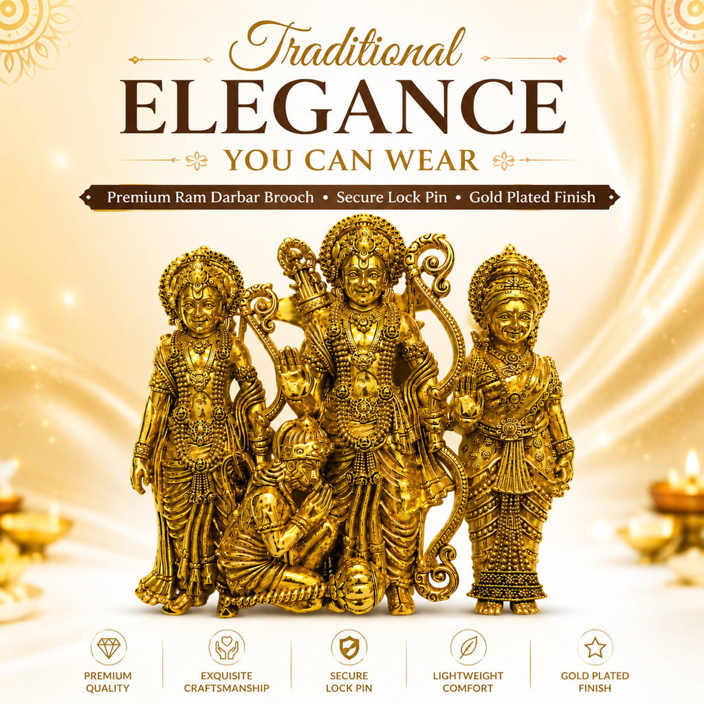 Shree Ram Darbar Gold Finish Brooch Pin | Intricate Religious Designer Brooch for Men & Women