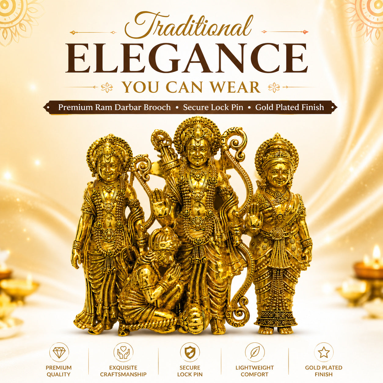 Shree Ram Darbar Gold Finish Brooch Pin | Intricate Religious Designer Brooch for Men & Women