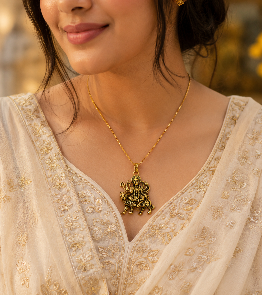 Durga Maa Sherawali Antique Gold Finish Religious Pendant for Men & Women