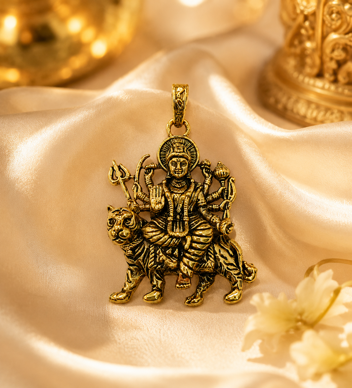 Durga Maa Sherawali Antique Gold Finish Religious Pendant for Men & Women