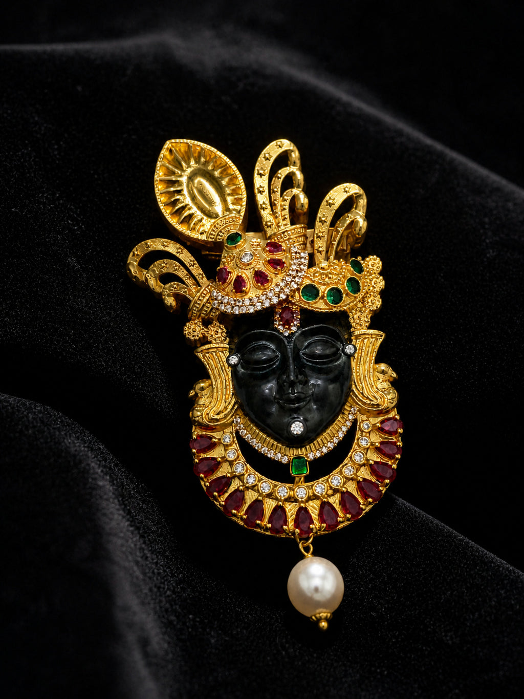 Shreenath Ji Brooch for Men & Women, Gold Plated Brass Brooch, Black Rhodium Face Design, Color Stone Religious Brooch, Traditional Ethnic Fashion Accessory, Unisex Designer Broach Pin