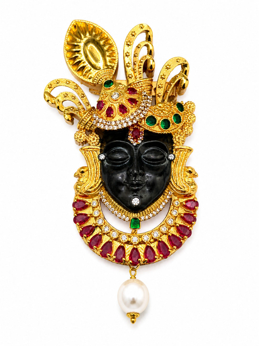 Shreenath Ji Brooch for Men & Women, Gold Plated Brass Brooch, Black Rhodium Face Design, Color Stone Religious Brooch, Traditional Ethnic Fashion Accessory, Unisex Designer Broach Pin