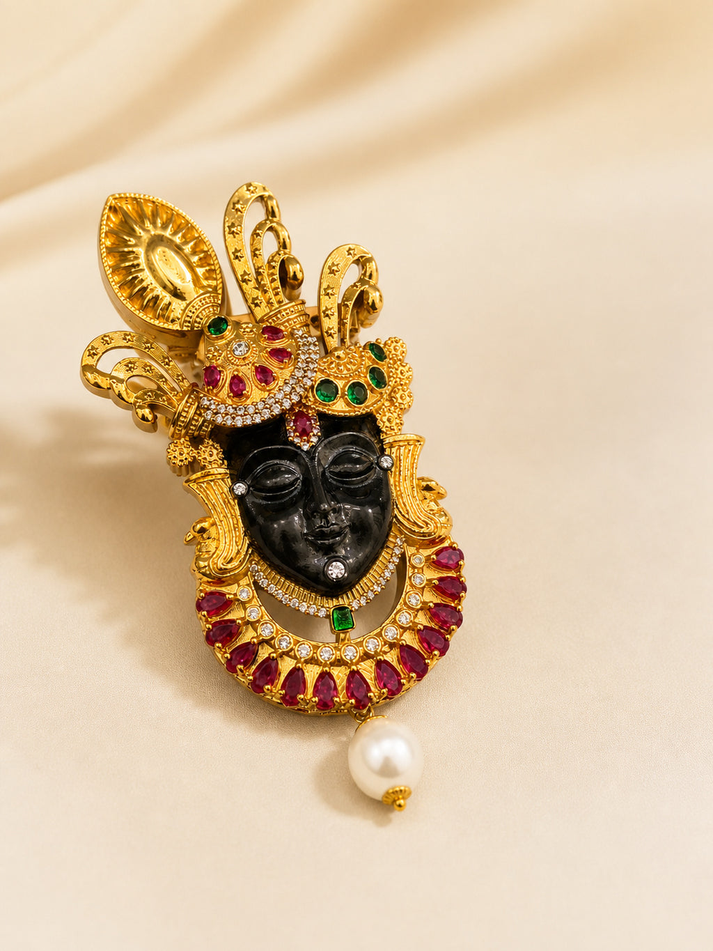 Shreenath Ji Brooch for Men & Women, Gold Plated Brass Brooch, Black Rhodium Face Design, Color Stone Religious Brooch, Traditional Ethnic Fashion Accessory, Unisex Designer Broach Pin