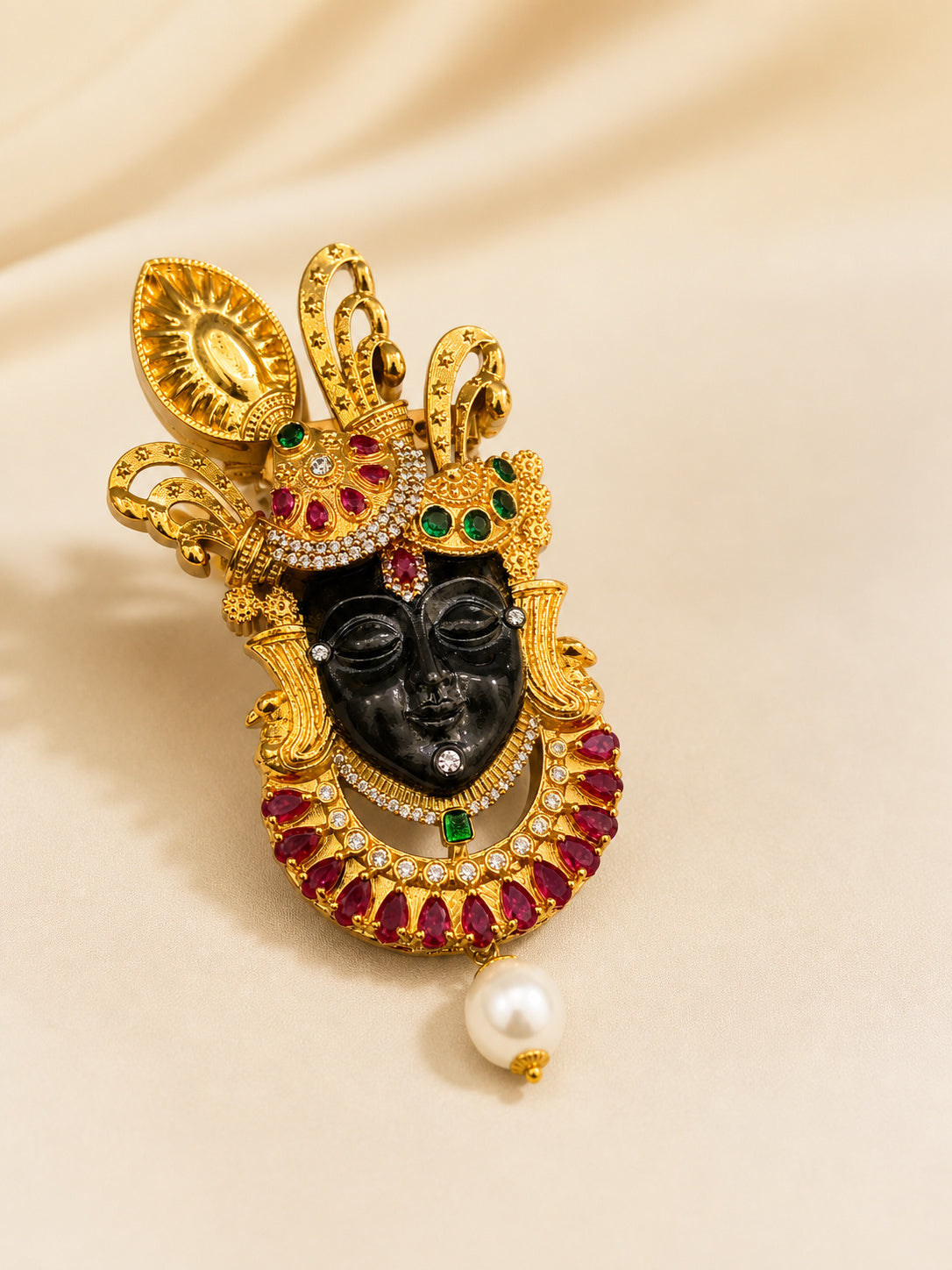 Shreenath Ji Brooch for Men & Women, Gold Plated Brass Brooch, Black Rhodium Face Design, Color Stone Religious Brooch, Traditional Ethnic Fashion Accessory, Unisex Designer Broach Pin