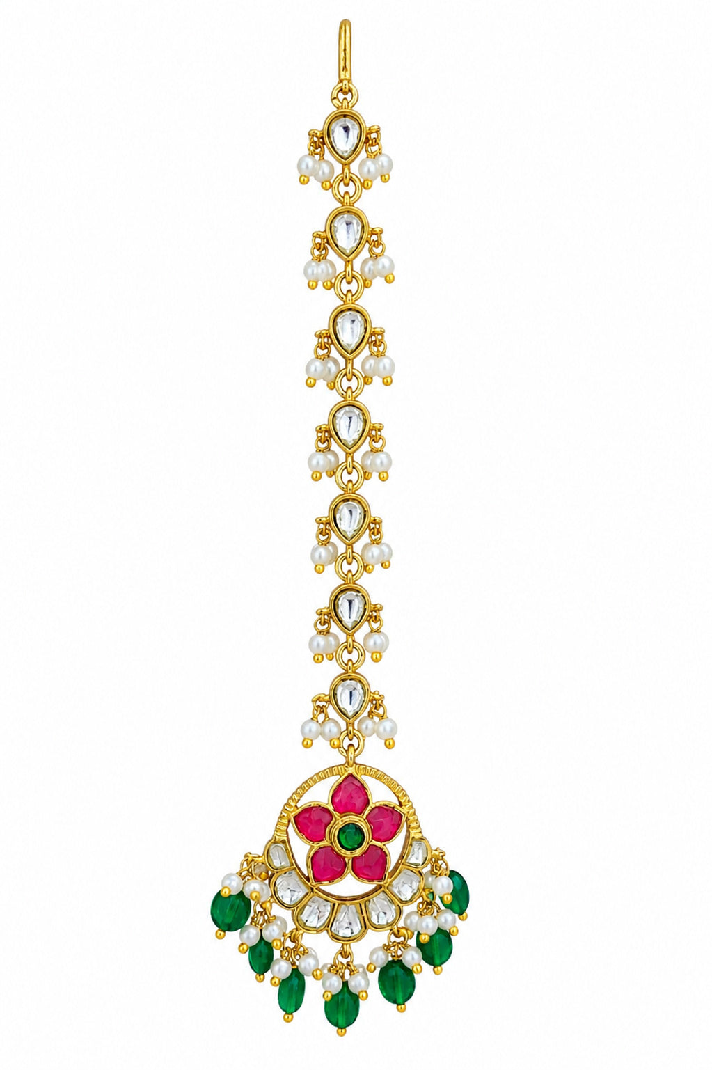 Gold Plated Kundan Stone Bridal Maang Tikka for Women | Traditional Rani Pink & Green Kundan Matha Patti Style Maang Tikka with Pearl Drops
