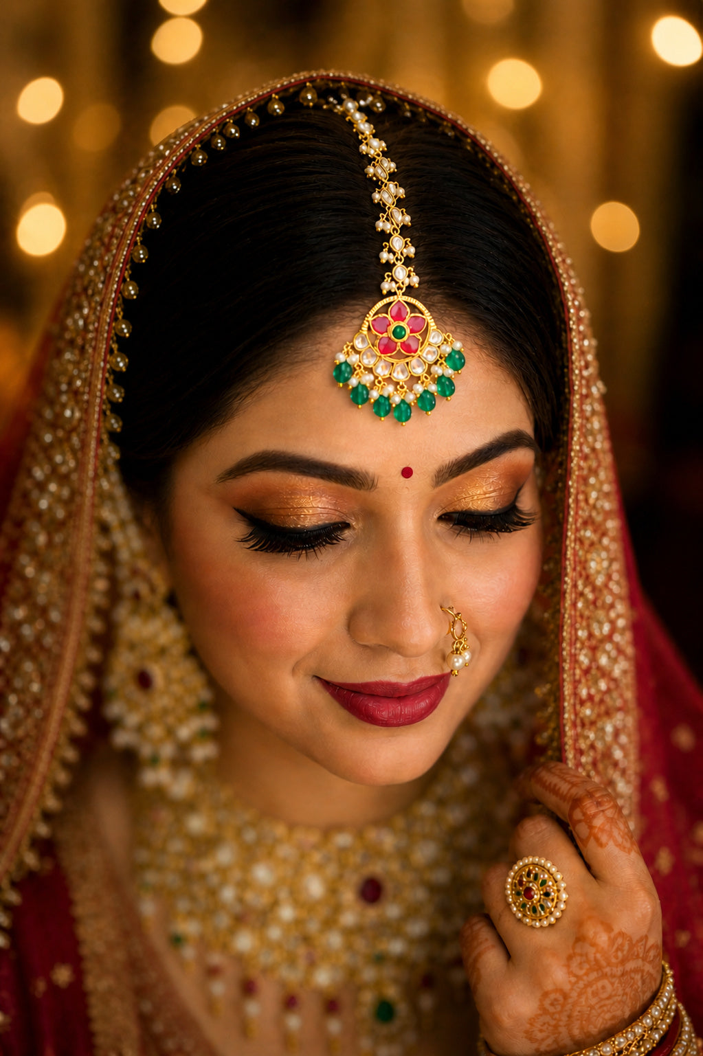 Gold Plated Kundan Stone Bridal Maang Tikka for Women | Traditional Rani Pink & Green Kundan Matha Patti Style Maang Tikka with Pearl Drops