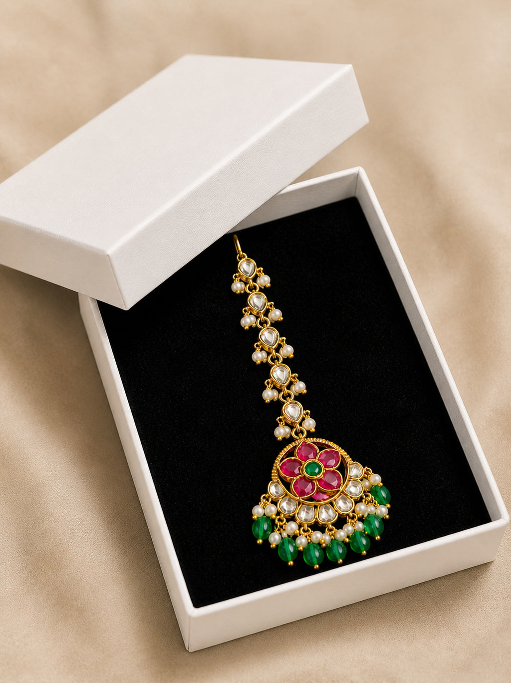 Gold Plated Kundan Stone Bridal Maang Tikka for Women | Traditional Rani Pink & Green Kundan Matha Patti Style Maang Tikka with Pearl Drops