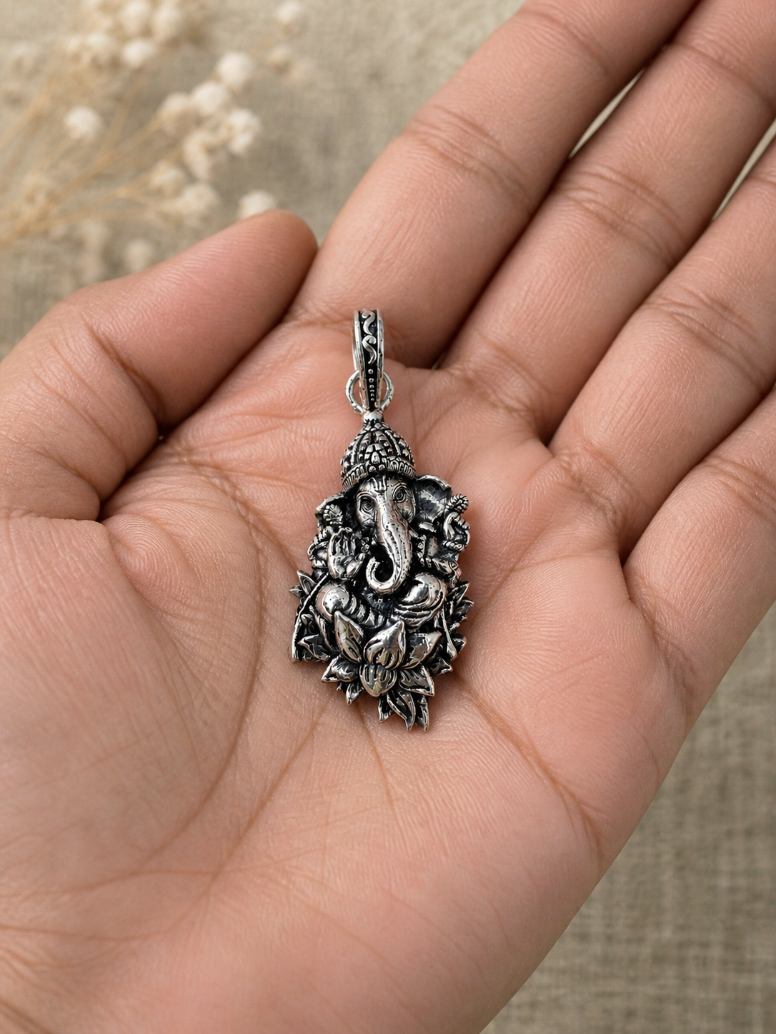 Traditional Ganesh Ji Lotus Flower Pendant | Oxidized Silver Spiritual Jewelry | Unisex Religious Locket