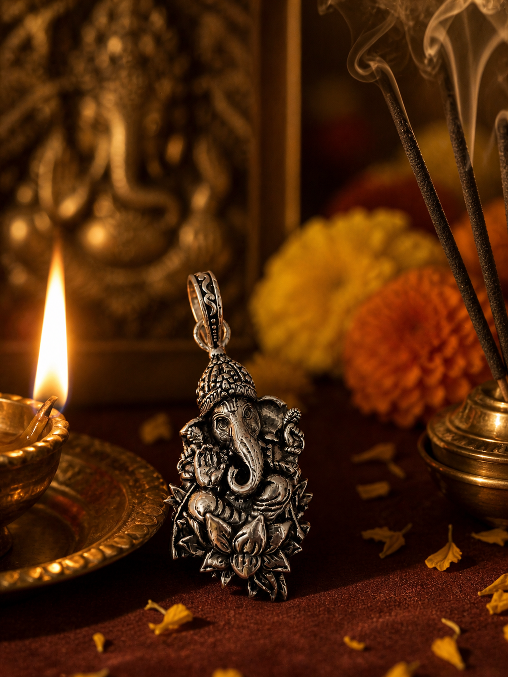 Traditional Ganesh Ji Lotus Flower Pendant | Oxidized Silver Spiritual Jewelry | Unisex Religious Locket