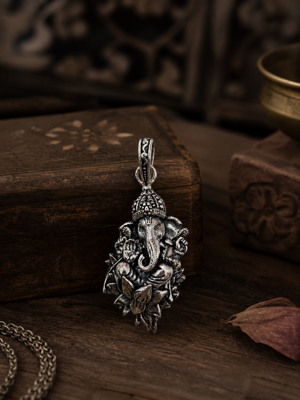 Traditional Ganesh Ji Lotus Flower Pendant | Oxidized Silver Spiritual Jewelry | Unisex Religious Locket