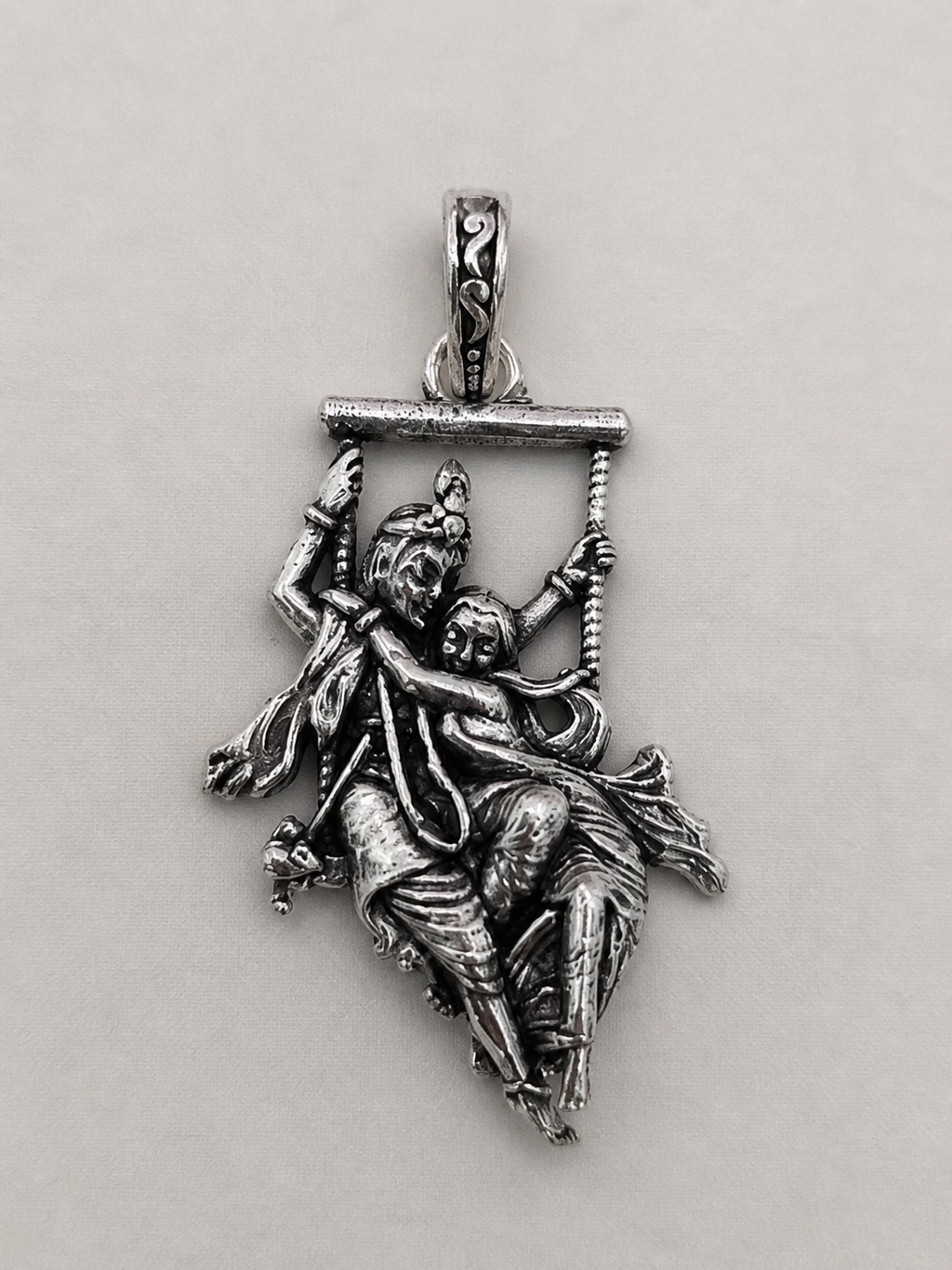 Radha Krishna Jhula Pendant Oxidized Silver Finish, Hindu Spiritual Jewelry, Devotional Necklace Charm, Indian Ethnic Gift