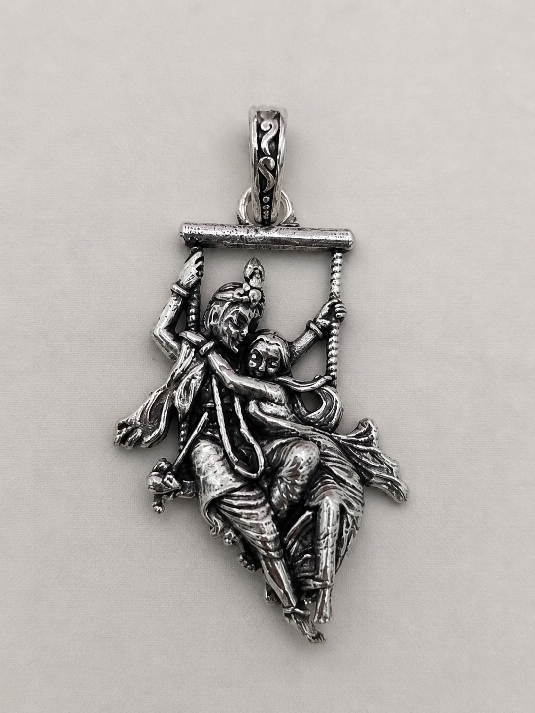 Radha Krishna Jhula Pendant Oxidized Silver Finish, Hindu Spiritual Jewelry, Devotional Necklace Charm, Indian Ethnic Gift