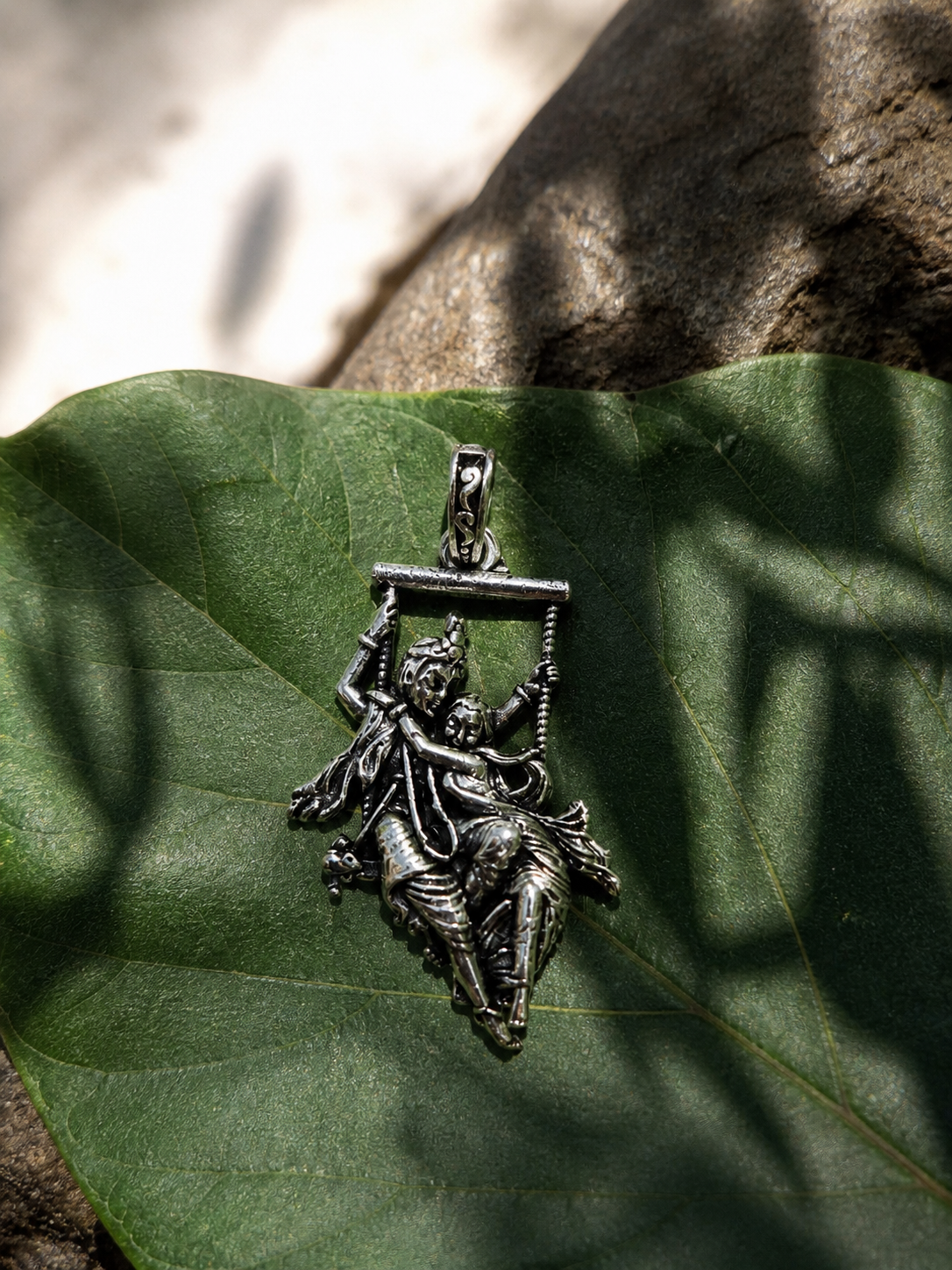 Radha Krishna Jhula Pendant Oxidized Silver Finish, Hindu Spiritual Jewelry, Devotional Necklace Charm, Indian Ethnic Gift