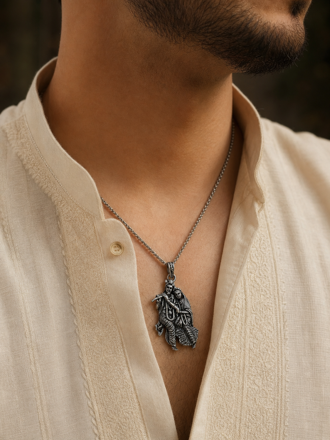 Radha Krishna Pendant Oxidized Finish – Divine Love Couple Locket, Flute Krishna Jewelry, Spiritual Hindu Pendant, Unisex Religious Gift, Antique Silver Look Necklace Pendant