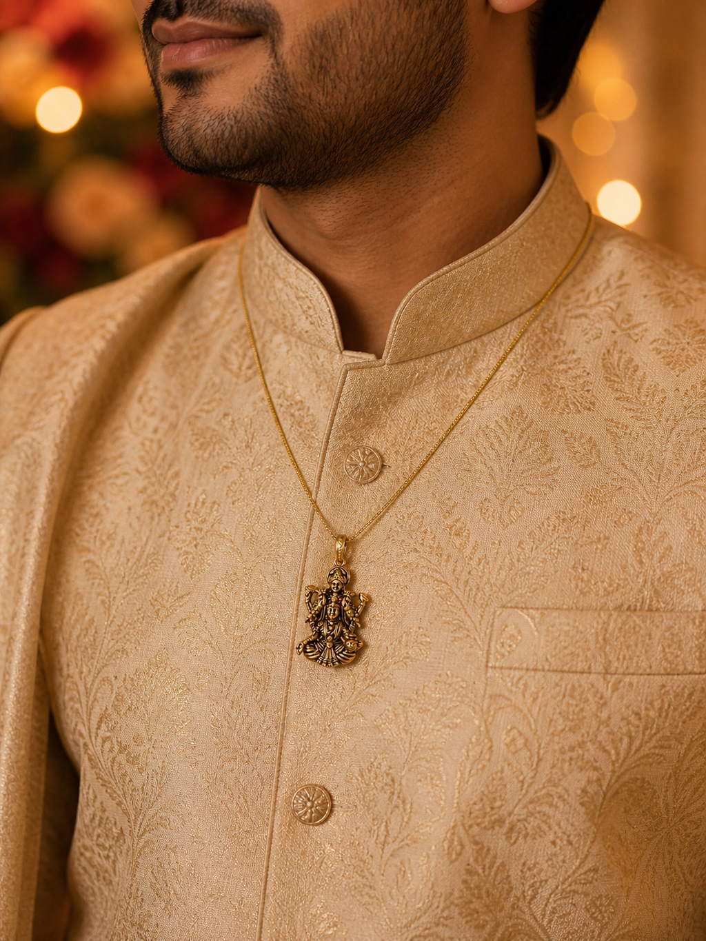 Traditional Lakshmi Narayan Pendant in Antique Gold Finish for Men & Women